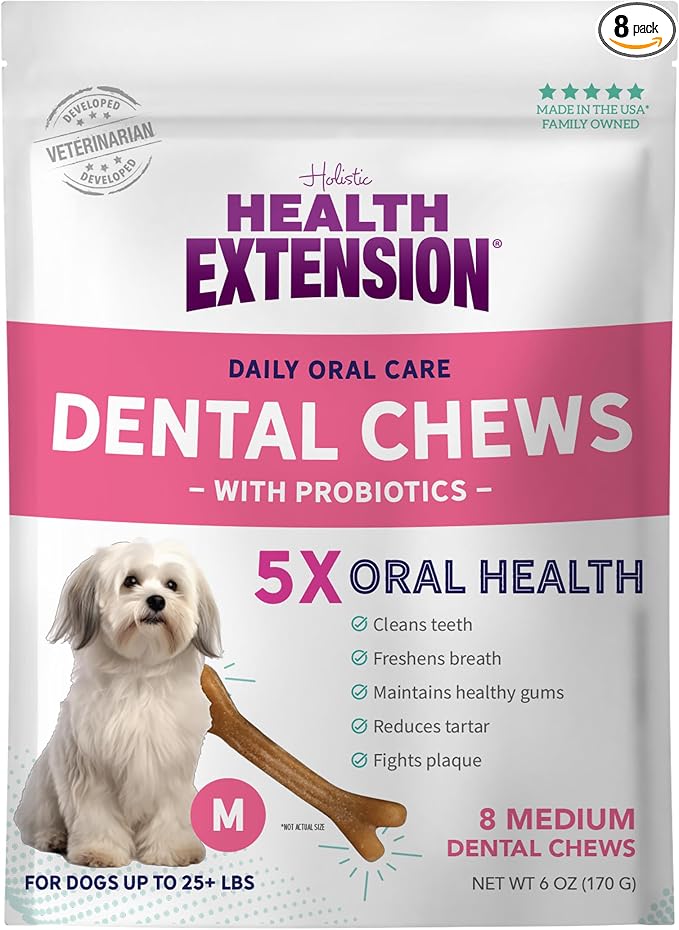 Health Extension Probiotic Dental Bones for Dogs, 8 Medium Bones, Cleans Teeth, Healthy Gums, Freshens Breath, Training or Reward, 6 oz Bag (Pack of 1)