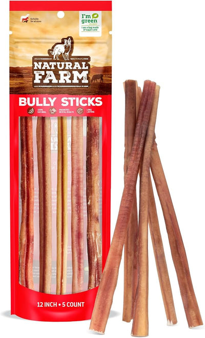 Natural Farm Bully Sticks, Odor-Free (12 Inch, 5 Count), 100% Beef Chews, Grass-Fed, Non-GMO, Fully Digestible Dental Treats to Keep Your Large, Medium and Small Dogs Busy and Happy. Single Ingredient
