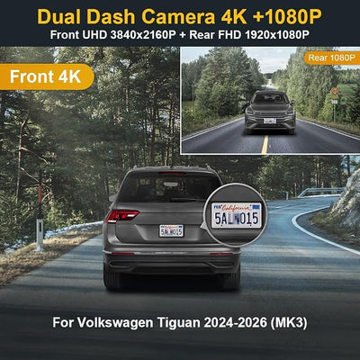 Fitcamx Front 4K+Rear 1080P Dash Cam Adapts for Volkswagen Tiguan 2024-2026 MK3 (Black Cover), Integrated OEM Look, 2 Way HD Video, WiFi & APP, Loop Recording, Parking Sensor, Easy to Use, 128GB Card
