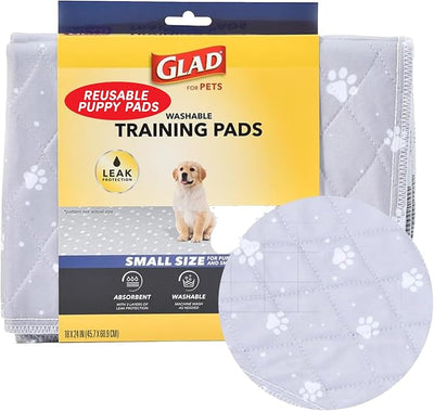 Glad for Pets Washable Dog Pee Pads, Small, 18 x 24 Inches, 2 Count, Gray with Paw Prints, 3-Layer Leak Protection, No-Slip Vinyl Bottom, Reusable Puppy Training Pads
