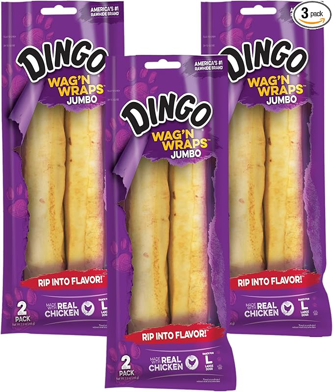 Dingo Wag’n Wraps Jumbo 2 Count, Made with Real Chicken, Rawhide Snack for Large Dogs (Pack of 3)