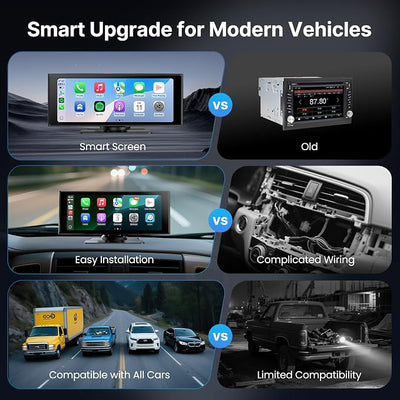 WonVon Wireless Car Play Screen, 10.26'' Monitor with Apple Carplay & Android Auto, 4K Dash Cam 64G, 1080P Backup Camera, Portable Smart Touch Tablet Stereo Multimedia Dashboard, Bluetooth/FM/GPS/AUX