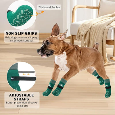 SCENEREAL Dog Socks to Prevent Licking Paws for Hot/Cold Pavement, Anti Slip High Top Dog Grip Socks for Hardwood Floors, Dog Shoes Booties&Paw Protector for Small Medium Large Senior Dog, Green L