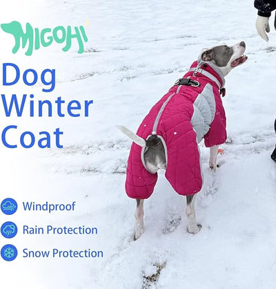 MIGOHI Full Body Dog Coat，Warm Coats for Large Dogs | Reflective Winter Coat for Dogs with Harness,Turtleneck Dog Snowsuit with Legs,Windproof Pet Fleece Puffer Jacket,XXL,Rosered