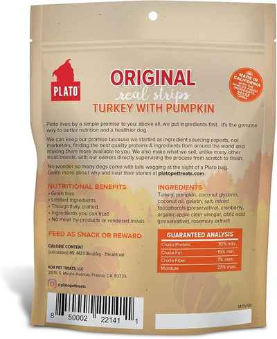 PLATO Pet Treats Real Strips Dog Treats – Turkey & Pumpkin – Air-Dried High Protein Dog Treats – Supports Immunity & Gut Health – Limited Ingredient, No Fillers – Made in USA – 6 oz
