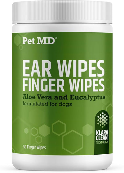 Pet MD Dog Ear Cleaning Wipes - with Eucalyptus & Aloe Vera for Dogs - 50ct | Extra-Coverage and Large Design - Alcohol-Free Pet Ear Cleaning Finger Wipes to Remove Dirt, Debris, and Wax