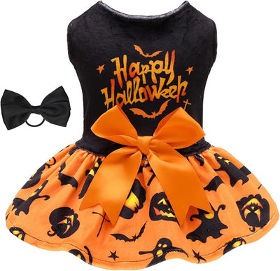 CuteBone Halloween Dog Dresses Velvet Holiday Small Dogs Clothes Onesie Pet Apparel Girl Puppy Skirt with Bow Hair Rope CVA61XXS-D