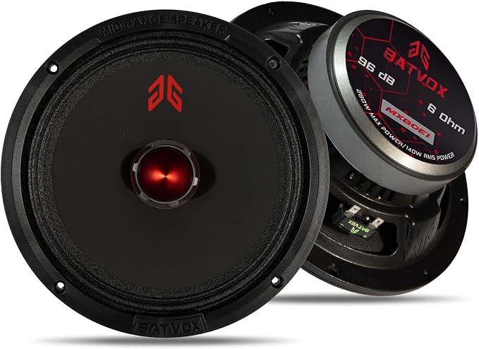 MX80E1 Loudspeaker 8 Inch Midrange 560 Watts 6 Ohms Red Bullet, Premium Quality Audio Door Speakers for Car or Truck Stereo Sound System, Black (2 Speakers)