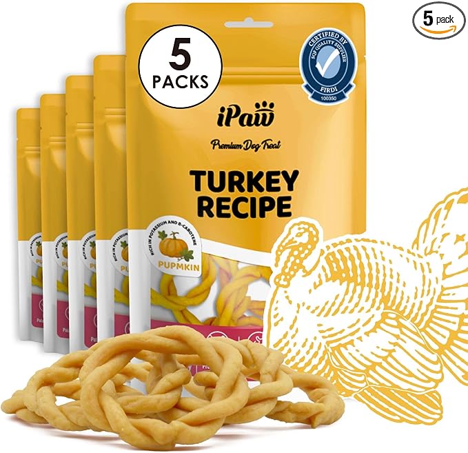 iPaw 5 Stock-Up Combo Turkey Dog Treats, SQF Certified Human Grade Dog Treat, Suitable for Training Chew, Hypoallergenic, Rawhide Alternative, Ring (Pumpkin), 5 Packs