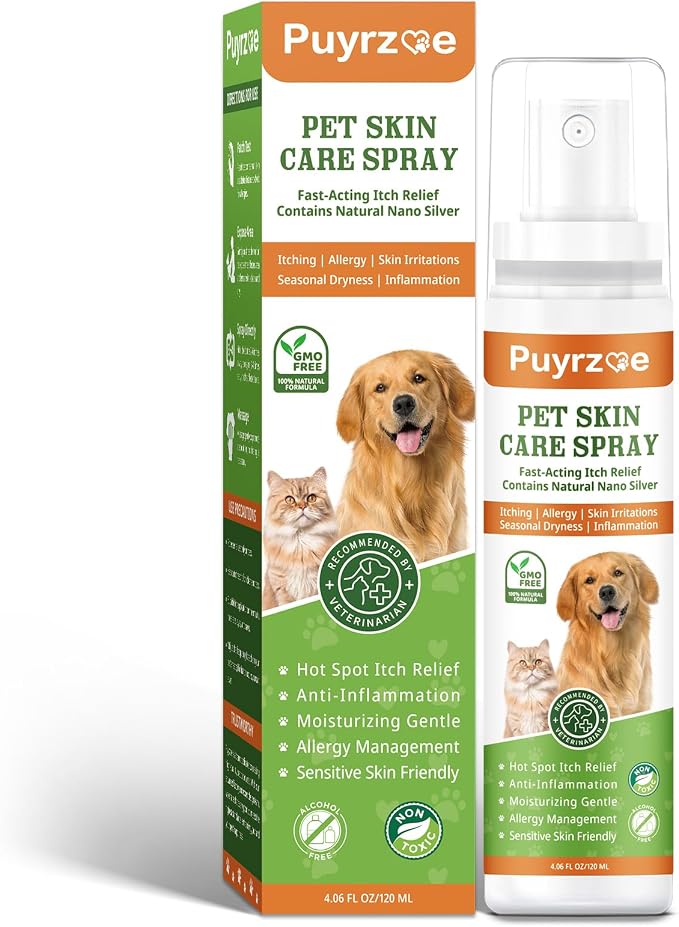 puyrzoe Itch Relief & Hot Spot Spray Treatment for Dogs & Cats - Natural Extract Formula for Anti Itch, Allergy Relief, Stop Scratching, Lickable, Wound Care Spray for All Animals (4.06 Fl Oz)