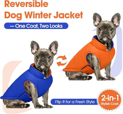 QBLEEV Reversible Dog Winter Coat, Waterproof Windproof Warm Jacket with Adjustable Hook & Loop Design, Lightweight Puffer Vest for Medium Dogs, Orange, M – Fits Pug, Beagle, Corgi