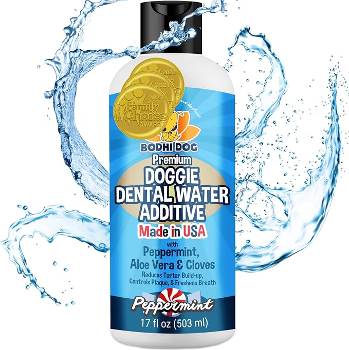 Bodhi Dog Peppermint Dental Dog Water Additive - Dental Water Additive for Dogs & Pets - Teeth, Breath & Healthy Gums - Freshens Breath & Reduces Tartar Build Up - Oral Care Cleaner- Made in USA, 17oz
