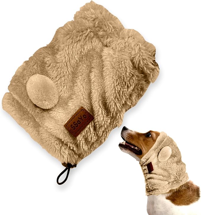 Dog Ear Muffs Noise Protection - Soft Calming Hood for Anxiety Relief, Fireworks, Thunder, Grooming & Vet Visits - Elastic Band & Comfortable Neck Warmer for Travel (Ears, Brown, Large)
