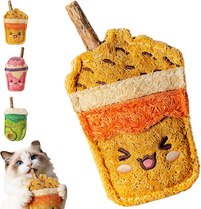 Natural Loofah Chew Cat Toys Janpanese Style, Dental Care Silvervine Sticks for Indoor Cats and Kittens, Milk Tea Cup-Shaped Catnip Treat Toys (Brown)