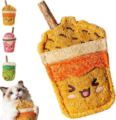 Natural Loofah Chew Cat Toys Janpanese Style, Dental Care Silvervine Sticks for Indoor Cats and Kittens, Milk Tea Cup-Shaped Catnip Treat Toys (Brown)