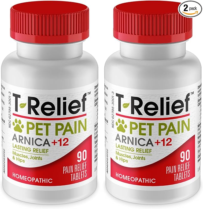 MediNatura T-Relief Pet Pain Relief Arnica +12 Powerful Natural Medicines Help Ease Muscle Joint & Hip Pain Soreness Stiffness & Injuries Max Fast-Acting Soother for Dogs & Cats - 90 Tablets (2 Pack)