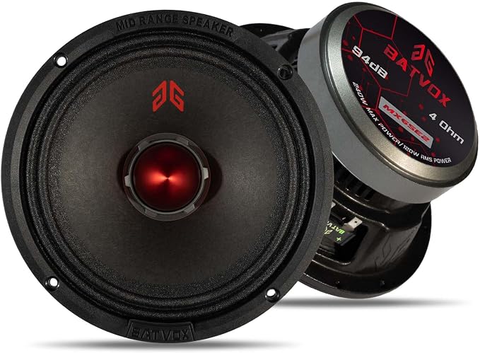 MX65E2 Loudspeaker 6.5 Inch Midrange 480 Watts 4 Ohms Red Bullet, Premium Quality Audio Door Speakers for Car or Truck Stereo Sound System, Black (2 Speakers)
