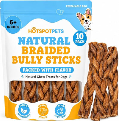 Braided Bully Sticks for Dogs - 6 Inch (10 Pack) - Rawhide Free | All Natural Long Lasting, Low Odor, Twisted Beef Pizzle Dog Chew Treats - Grain Free Fully Digestible