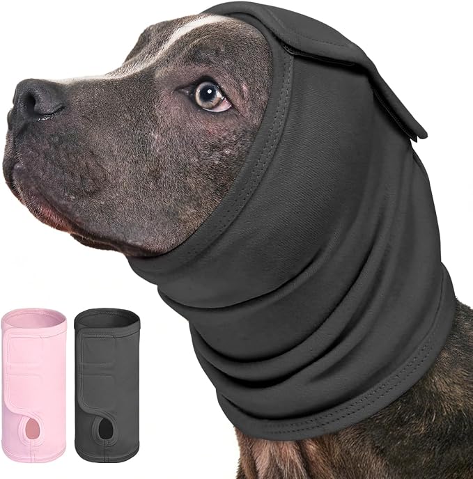 AOFITEE Dog Calming Hoodie, Anti-Slip Headband for Dog Hematoma, Adjustable Dog Ear Muffs Cover for Noise Anxiety, Dog No Shake Ear Wrap for Grooming, Fireworks, Thunderstorms, Drying, Grey L