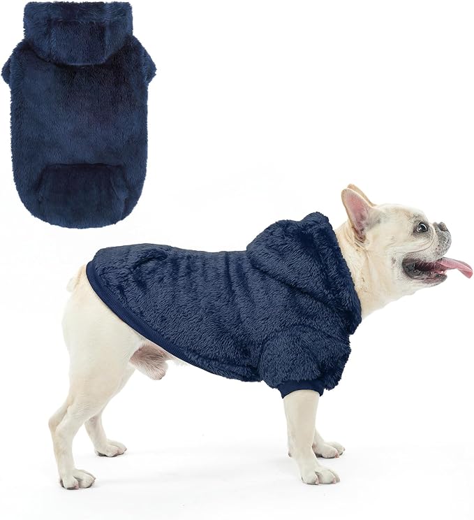 SCENEREAL Fleece Dog Sweaters Hoodie for Small Medium Large Dogs Girls Boys, Plush Fuzzy Dog Clothes Hoodies with Leash Hole, Winter/Fall Puppy Cold Weather Coat, Sherpa Hooded Sweatshirt, Navy M