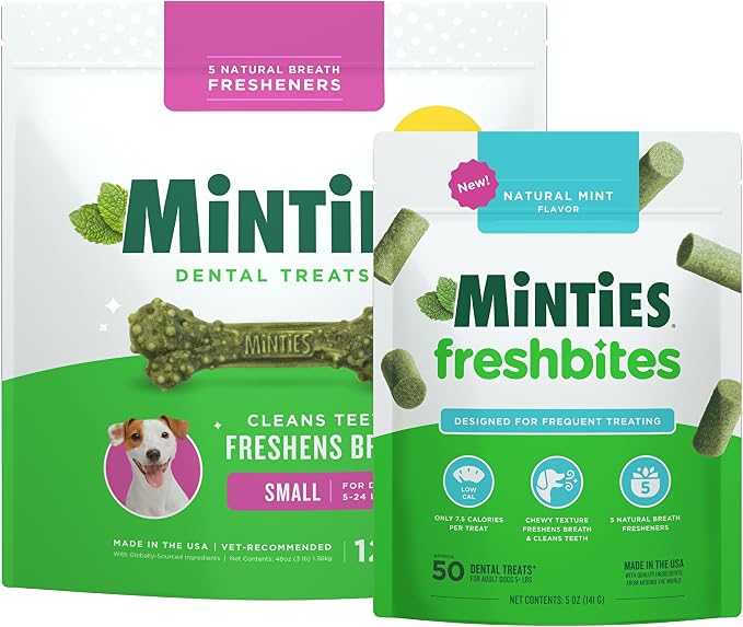 Minties Tiny/Small Dental Dog Treats, 5-25 lbs, 120 Count + Minties FreshBites Soft and Chewy Dental Treats, 50 Count