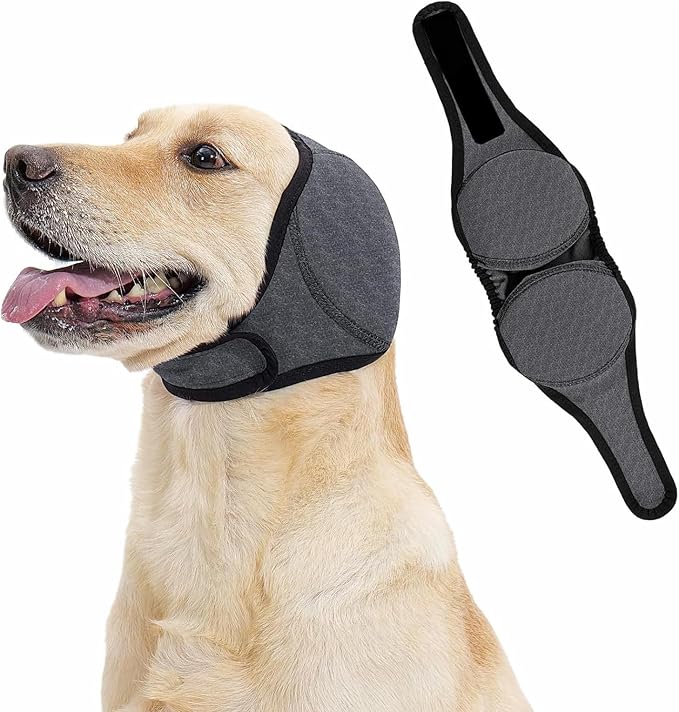 Dog Ear Covers for Bath, Swimming & Grooming – Water-Resistant Ear Protection Wraps for Dogs, Adjustable Reusable Shower Cap for Noise & Blow Drying Relief (Grey,L)
