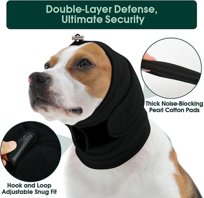 Kuoser Dog Noise Canceling Ear Wrap, Anxiety Relief Calming Hoodie, Black S | Thick padded double-Layer with dual noise canceling technology, Anti-slip hook & loop fastener, Fireworks Grooming Vet-visit