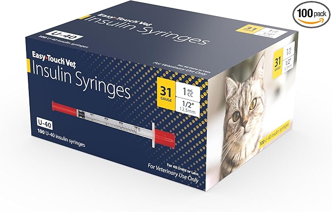 Easy Touch Pet U-40 Insulin Syringes for Dogs & Cats – 31G 1.0cc 1/2", Half-Unit Markings, Compatible with U-40 Insulin, Box of 100 (For Animal Use Only)