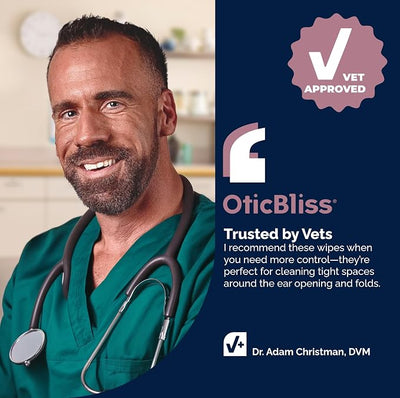 Vetnique Oticbliss Dog Ear Wipes, Cat & Dog Ear Cleaner & Deodorizing Wipes for Dogs, Cats, Puppies & Kittens, Vet Formulated to Remove Ear Wax, Dirt & Odor with Aloe for Itchy, Smelly Ears