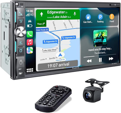7" Double Din Car Stereo with Wireless Apple CarPlay & Android Auto, QLED Touchscreen, Bluetooth, Backup Camera, 4.2-CHN Audio, 2 Subwoofer Outputs, AM/FM Car Radio