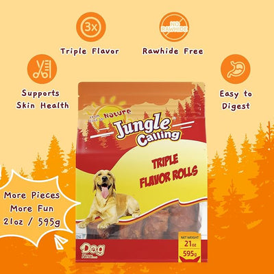 Jungle Calling 21oz Triple Flavor Rolls Dog Treats, Rawhide Free Chews Made with Real Chicken Duck & Beef, High Protein Healthy Jerky Snacks for Medium Large Dogs, Easily Digestible Training Treat