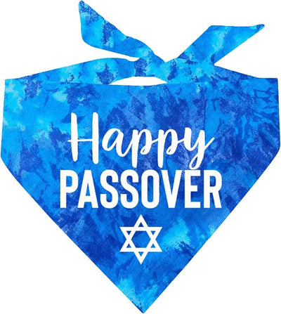 Happy Passover Jewish Star Dog Bandana | 100% Cotton Adjustable Triangle | Made in USA | Passover | Jewish Holiday | Funny | Pesach | Tie Dye | One Size | Royal Scrunch (76)
