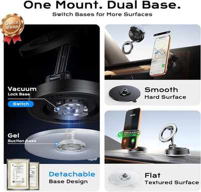 NeverDrop Magsafe Car Mount [2 Bases for Any Surface | 118+LBS Ultra Grip | 2400gf Strong Magnetic] 360° Adjustable Car Phone Holder, Phone Holders for Your Car for All Smartphones, Carbon Fiber