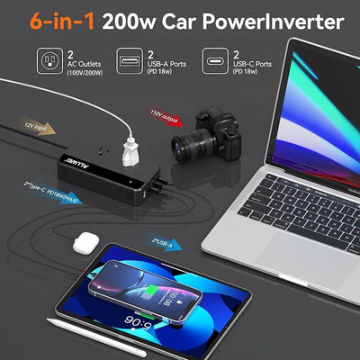 ALLWEI 200W Car Power Inverter, 12V DC to 110V AC Car Inverte with 4 USB Fast Charging Port(2xUSB A, 2xUSB C)- Car Charger Cigarette Lighter Adapter for Phone, Laptop and Small Devices on Road Trip