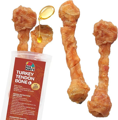 TailParty Turkey Tendons for Dogs with Fish Oil & Taurine (Bone, L, 4 oz), All Natural Dental Chews & Training Treats for Large Dogs, Long Lasting Snack for Health-Conscious Pet Owners