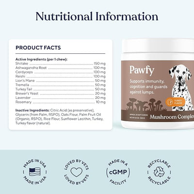 Pawfy Turkey Tail Mushroom Chews for Dogs with Lion’s Mane, Reishi & Adaptogen Blend | Mushroom Complex Dog Supplement | Supports Immune, Brain, Lumps and Bumps & Daily Wellness | 30 Soft Chews