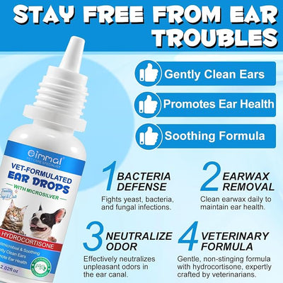 Cats & Dog Ear Infection Treatment Drops, with 1% Hydrocortisone for Dog & Cats Yeast Infection, Itchy Ear Relief, Pet Ear Care Supplies for Dogs & Cats - 2fl oz