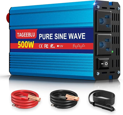 500W Pure Sine Wave Power Inverter 12V DC to 110V 120V AC for Vehicles | Car Cigarette Lighter Adapter inverter with 2 AC Outlets, Converter for Car with LCD Display for Solar RV Truck Home Camping