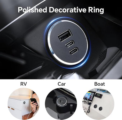 78W 3-Port 12V USB Outlet,Dual 30W PD3.0 Type-C + 18W QC3.0 USB-A Car Charger, Aluminum RV USB Power Socket with Silver Ring, Cigarette Lighter Replacement for Boat Truck Marine Car (1Pcs) | multi-layer safety protection heat dissipation use glare-free...