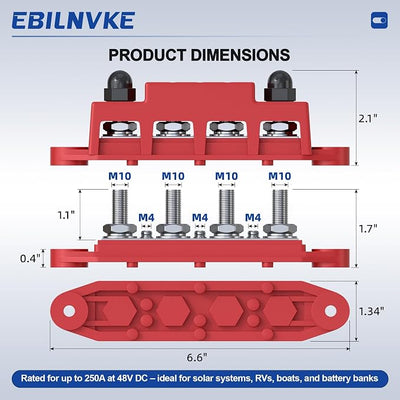 Bus Bar 12V 250A Power Distribution Block 4 x 3/8"(M10) Studs | Marine Bus Bar, 12 Volt Battery Busbar, Terminal Block, Automotive, Car, Boat, Solar Wiring, Positive & Negative