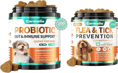 Probiotic & Flea Chews for Dogs - 200 Each - Natural Flea & Tick Prevention with Skin Support + Digestive, Gas & Immune Relief with Pumpkin & Enzymes - Chicken Flavor
