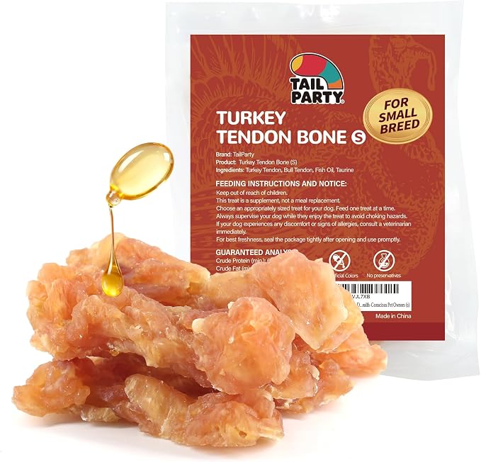 TailParty Turkey Tendons for Dogs with Fish Oil & Taurine (Bone, S, 4 oz), All Natural Dental Chews & Training Treats for Small Dogs, Long Lasting Snack for Health-Conscious Pet Owners