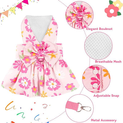 Dog Dress Harness Dresses Leash Set for Small Dogs Cute Girl Dog Clothes with Bowknot Puppy Outfits for Shih Tzu Yorkies Chihuahua