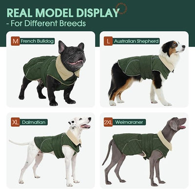 Kuoser Dog Coat Thermal Fleece Lined Dog Jacket, Adjustable Hook & Loop Dogs Coats for Medium Dogs Windproof Reflective Puppy Snow Jackets Pet Cold Weather Clothes with Harness Hole, Green, M