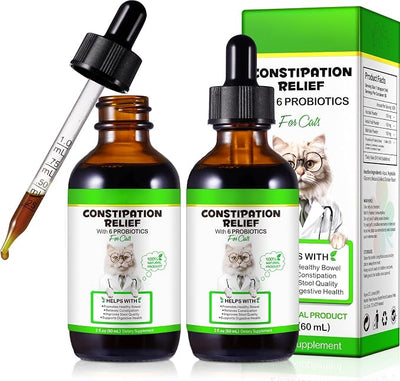 Cat Constipation Relief - Natural Laxative with 6 Probiotics Stool Softener, Digestive Support for Hairball Relief & Bowel Movement, Promotes Digestive Health, 2 fl oz (2 PCS)