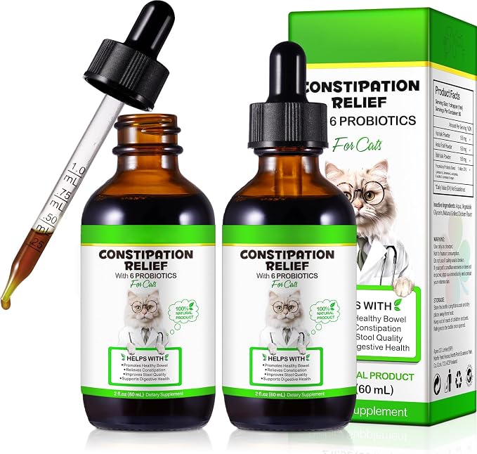 Cat Constipation Relief - Natural Laxative with 6 Probiotics Stool Softener, Digestive Support for Hairball Relief & Bowel Movement, Promotes Digestive Health, 2 fl oz (2 PCS)