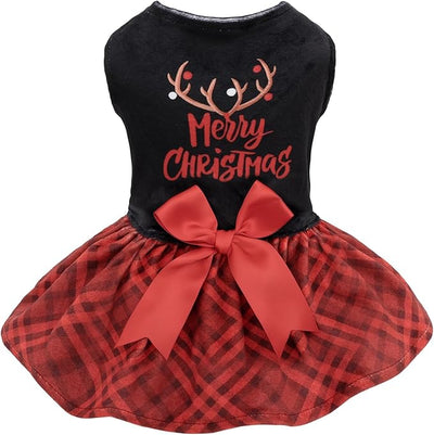 CuteBone Christmas Dog Dresses Velvet Holiday Small Dogs Clothes Onesie Pet Apparel Girl Puppy Skirt with Bow Hair Rope