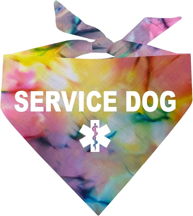 Service Dog Dog Bandana | 100% Cotton Tie Dye Triangle |Service Dog | Working Animal | Assistance | One Size | Rainbow Scrunch (307)