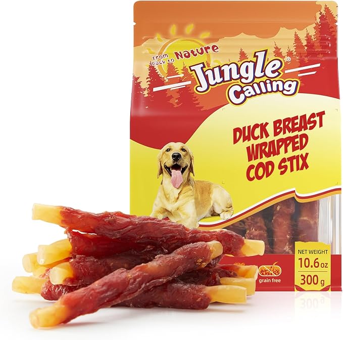 Jungle Calling Duck Wrapped Cod Sticks Dog Treats, Rawhide Free Training Rewards Snacks for Dogs, Natural Chewy Sticks Treats, 10.6 oz