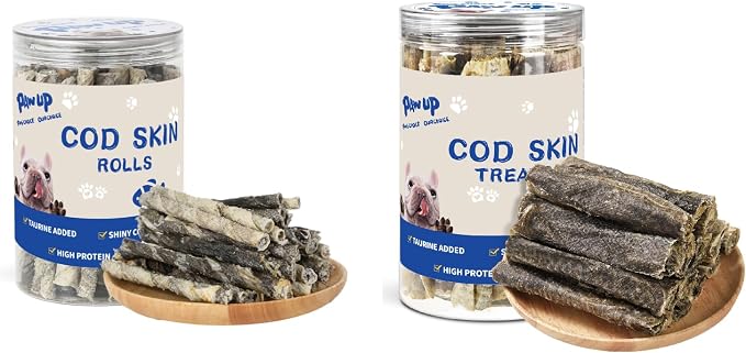 PAWUP Cod Skin Dog Treats Natural High Omega 3 Dog Snacks, Single Ingredient Cod Skin Chews for Small Dogs w/Taurine